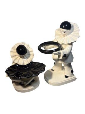 Vintage Pierrot Clown Ceramic Figurines Black & White Trinket Soap Toothbrush